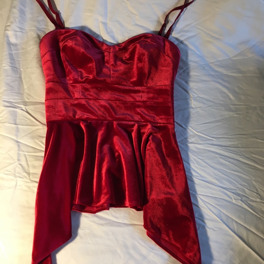 Red velvet dress top, by Guess